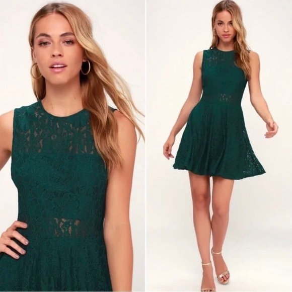 LULU'S Everleigh Forest Green Teal Lace Skater Mini Sleeveless Dress Size XS - Picture 1 of 16